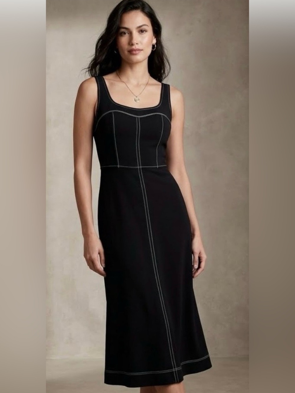 LOFT Corset Style Classic Black Contrast-Stitch Midi Dress Size 8